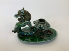 Barnstaple Art Pottery - C H Brannam - Beauchamp Whimple 1898 - Grotesque Lion Barum Candlestick