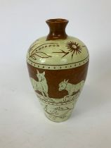 North Devon Slipware Sgraffito Vase with Donkeys - 22cm High - From the Collection of the Late Barry