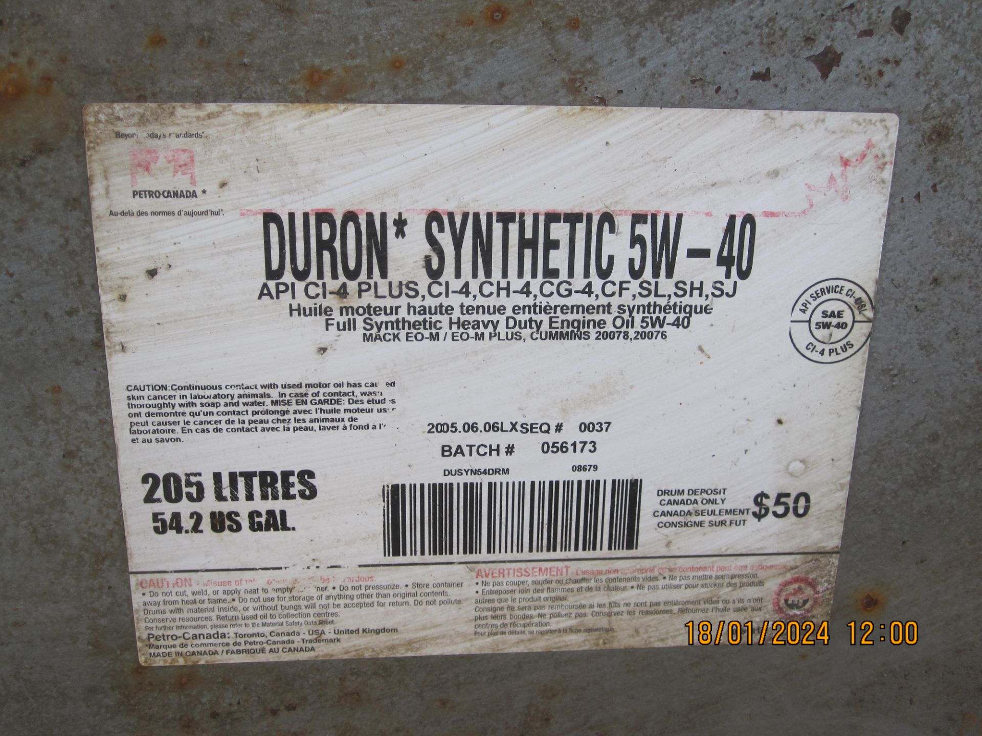 205litre drum Petro-Canada Duron 5W - 40 Synthetic - Image 2 of 2