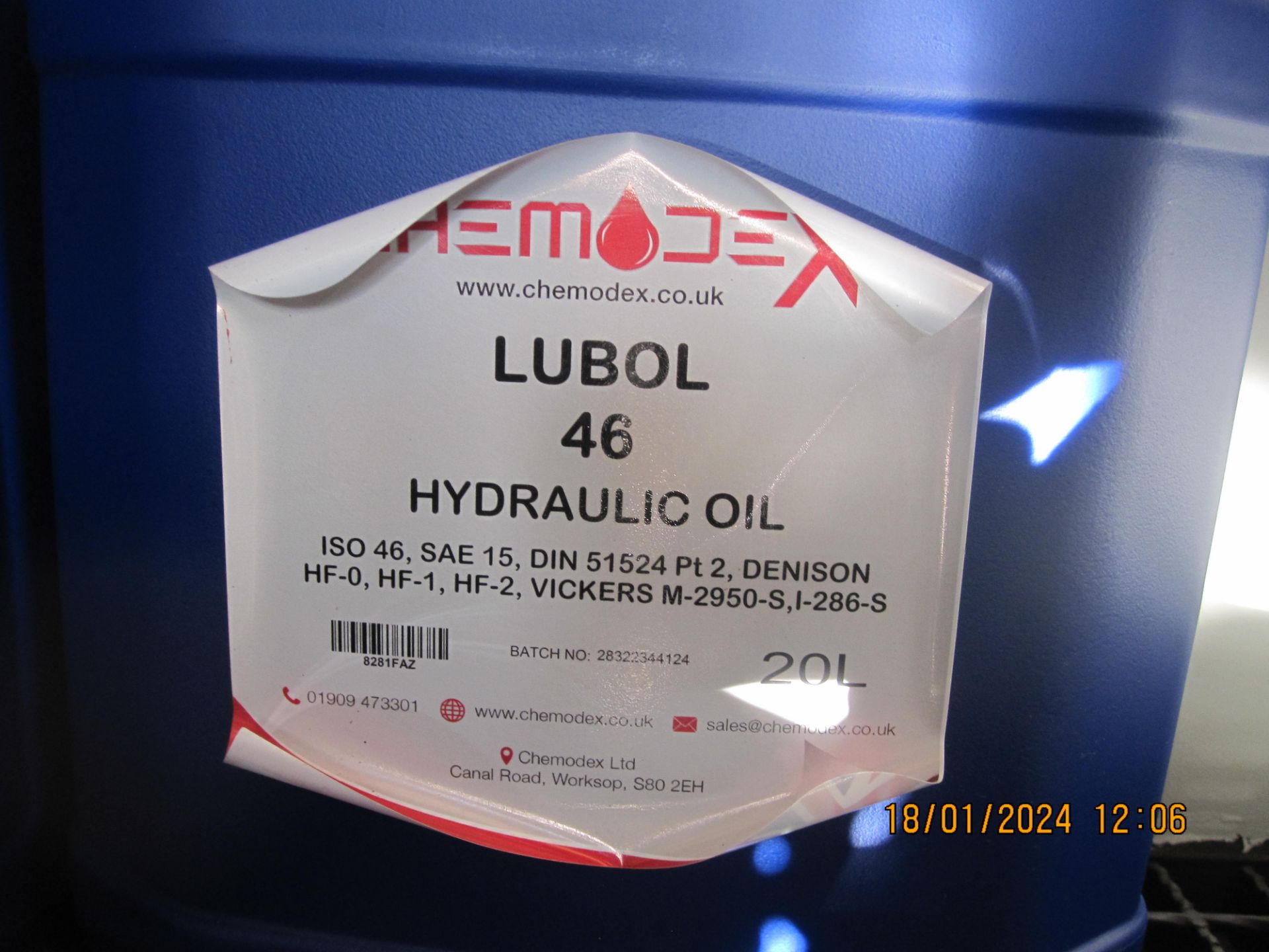 2 20/25litre drums Chemodex Lubol 46 Hydraulic Oil - Image 3 of 3
