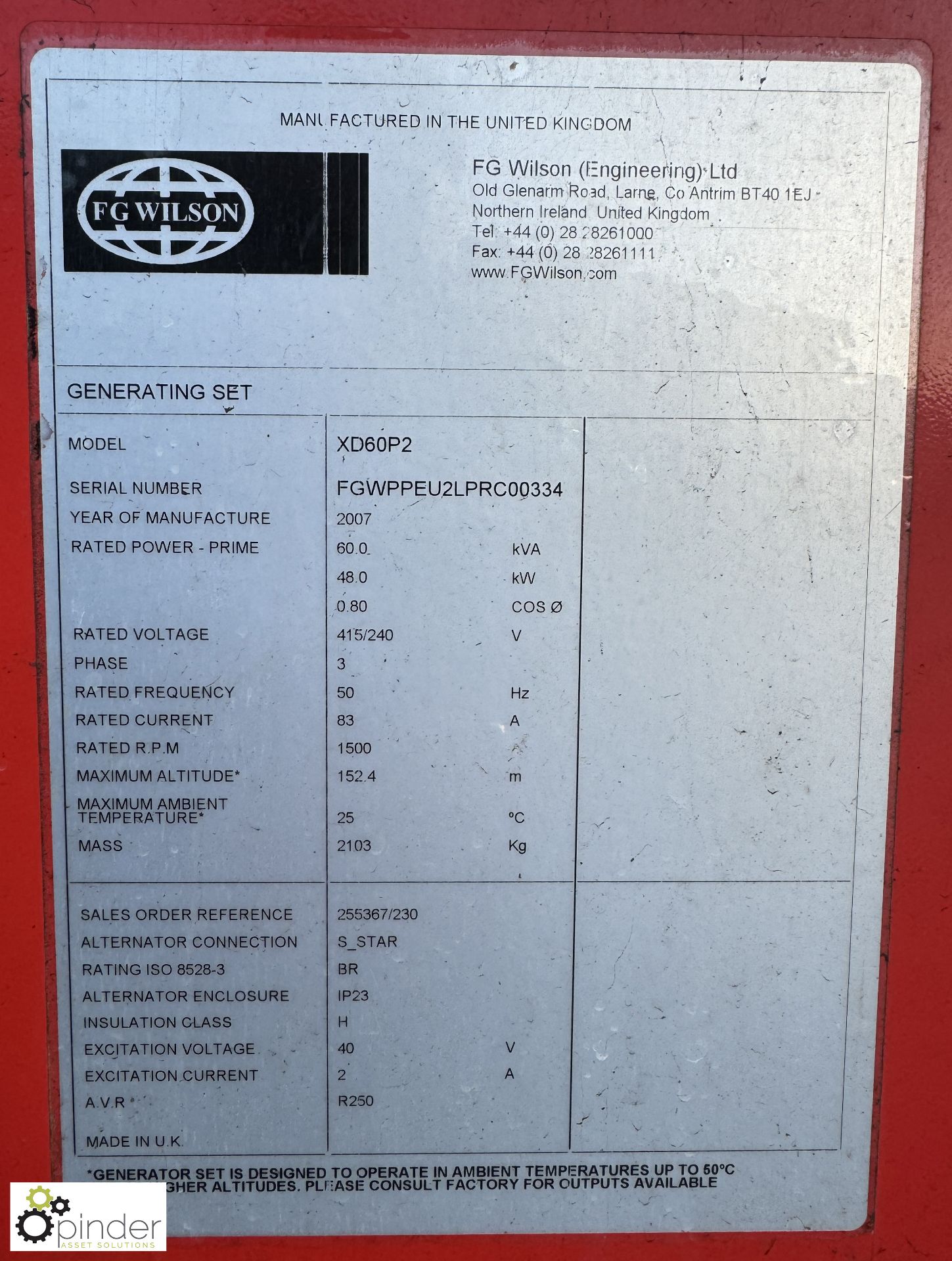 FG Wilson XD60P skid mounted containerised Generator Set, 60kva, 3 x 415volts outlets, 3 x - Image 5 of 13