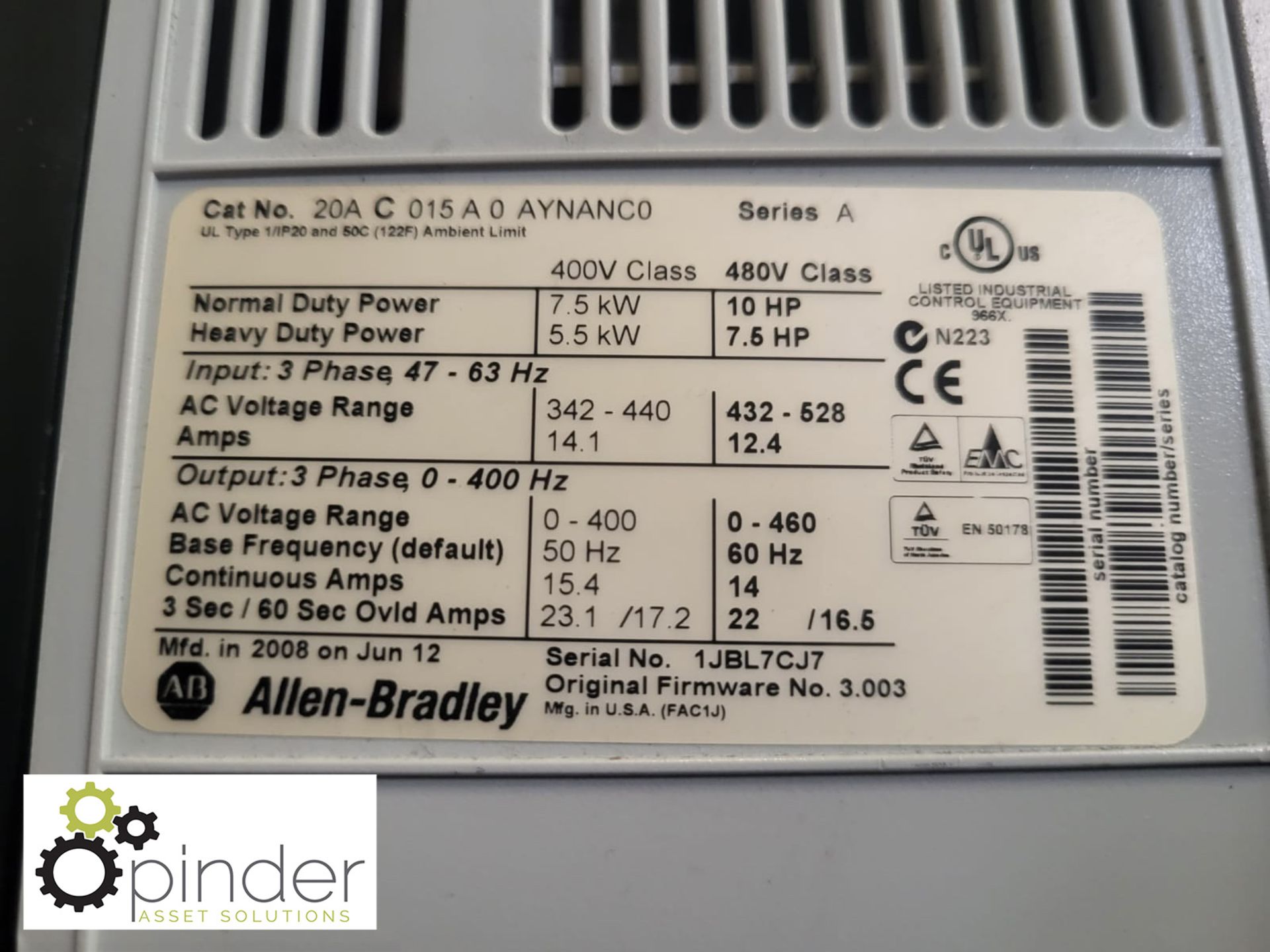 4 Allen Bradley Powerflex 20A C015AO AYN AN CO Inverter Drive Units, 7.5kw (LOCATION: Carlisle – - Image 2 of 3