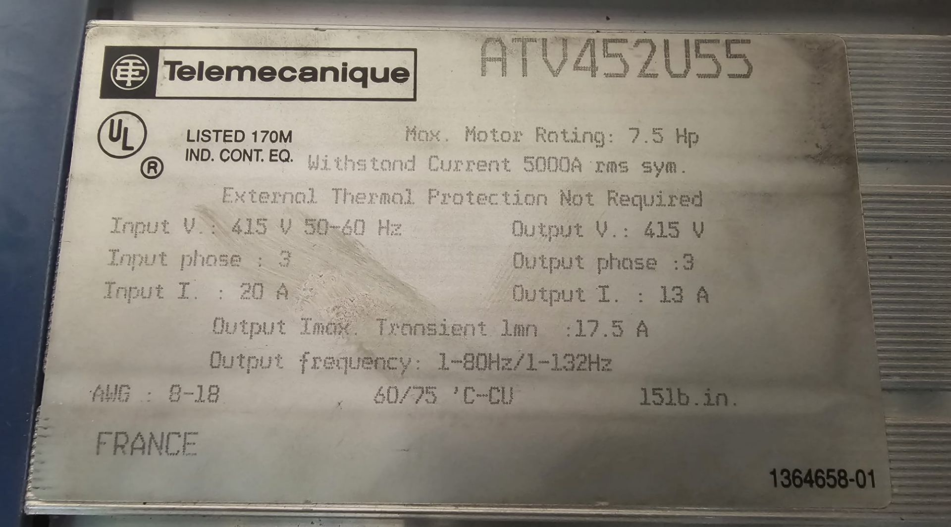 Telemecanique Altivar 5 Variable Speed Drive, 5.5k - Image 2 of 2