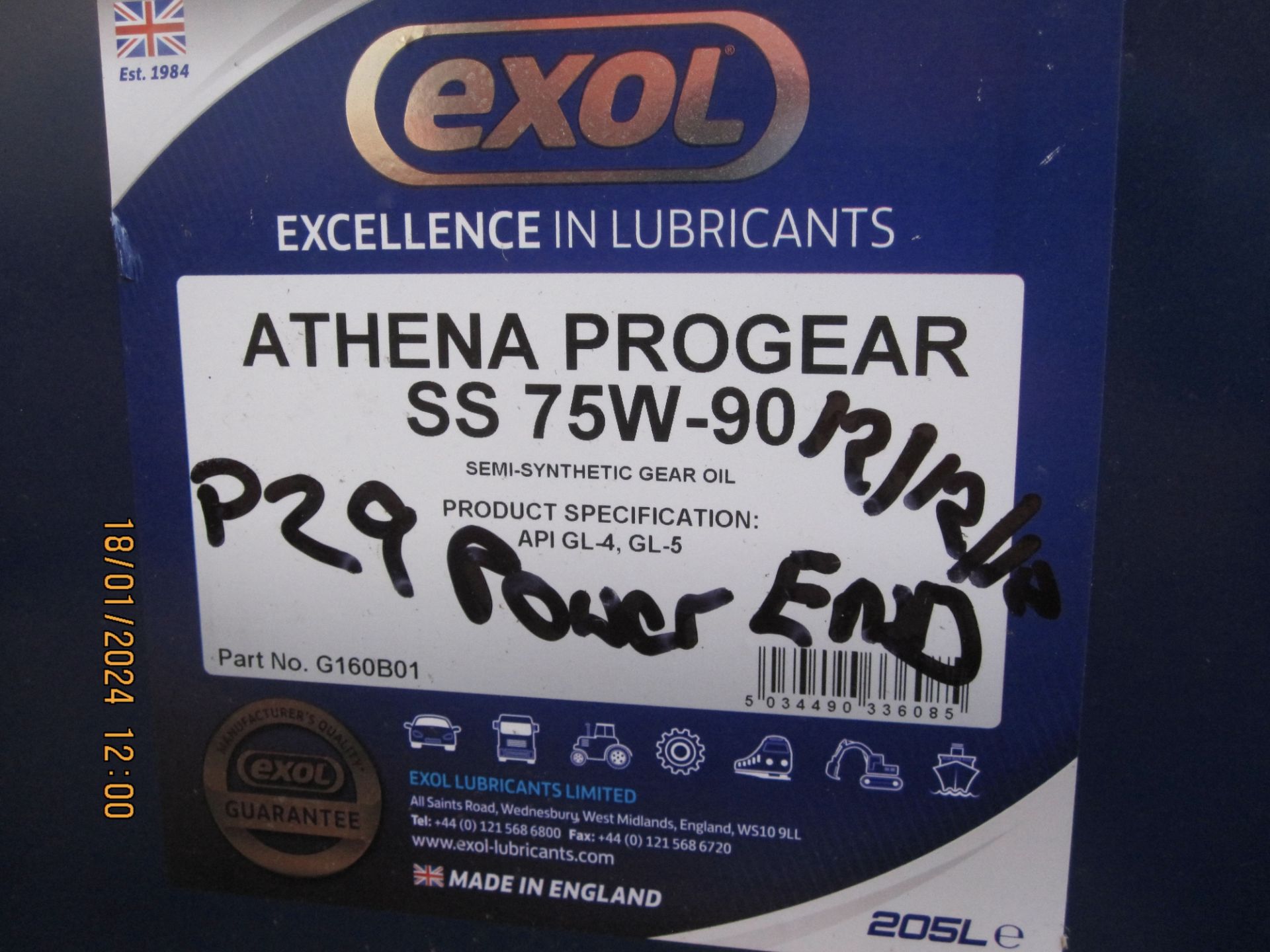 205litre drum Exol Athena Progear SS 75W - 90 Semi Synthetic Gear Oil (drum I) (LOCATION: Nottingham - Image 2 of 3