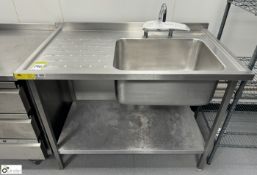 Stainless steel single bowl Sink, 1200mm x 700mm x 890mm, with under shelf (location in building -