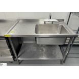Stainless steel single bowl Sink, 1200mm x 700mm x 890mm, with under shelf (location in building -