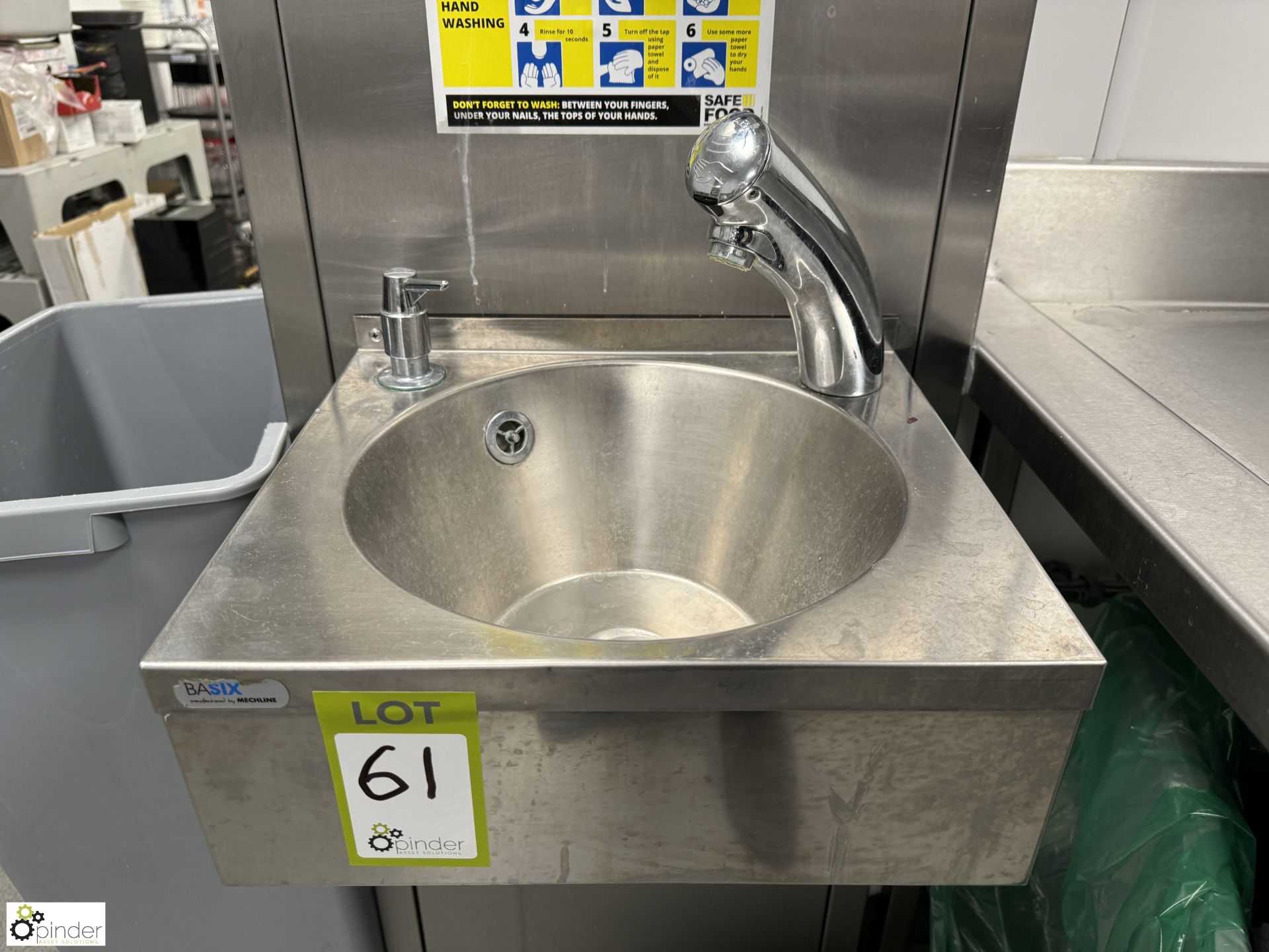 Stainless steel Hand Wash Basin, 380mm x 330mm (location in building – basement kitchen 2)