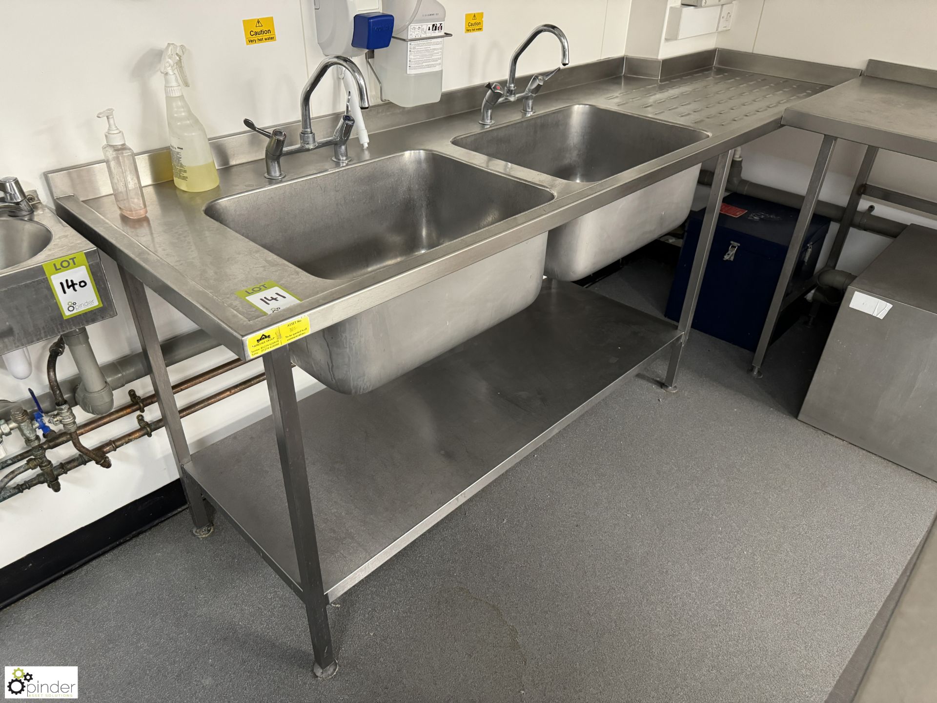 Stainless steel twin bowl Sink, 2400mm x 700mm x 880mm, with under shelf (location in building -