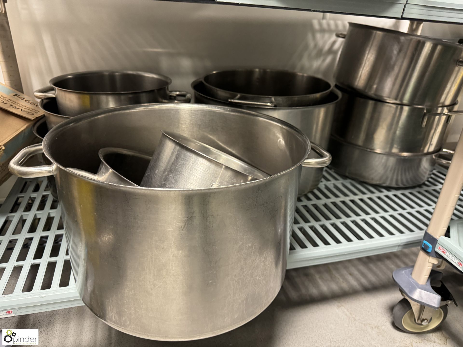 Large quantity stainless steel Cooking Pots, Bowls, Collanders, etc, to rack (rack not included) ( - Image 5 of 6