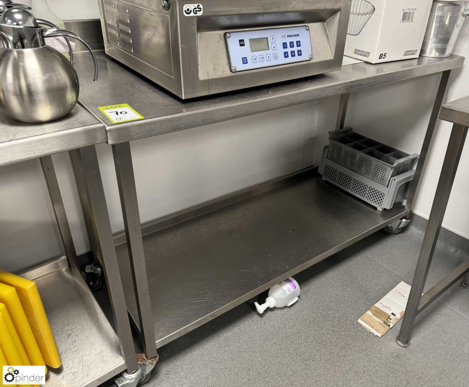 Stainless steel mobile Preparation Table, 1400mm x 700mm x 890mm, with rear lip and under shelf (