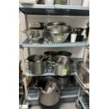 Large quantity stainless steel Cooking Pots, Bowls, Collanders, etc, to rack (rack not included) (