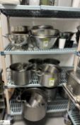 Large quantity stainless steel Cooking Pots, Bowls, Collanders, etc, to rack (rack not included) (