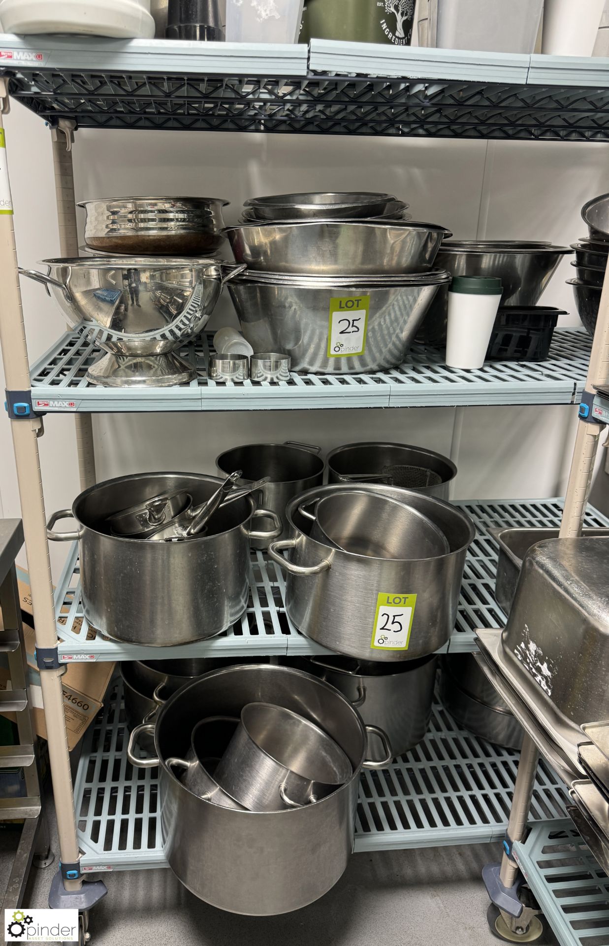 Large quantity stainless steel Cooking Pots, Bowls, Collanders, etc, to rack (rack not included) (