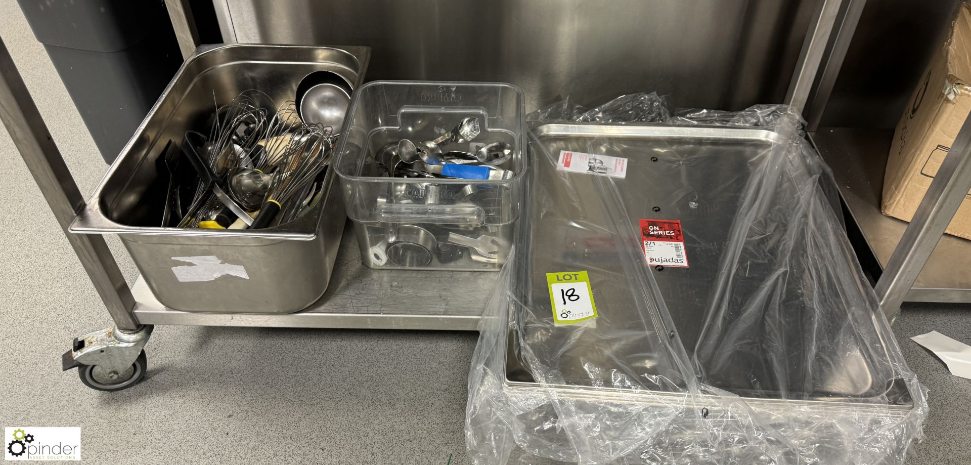Quantity various Utensils and unused stainless steel Trays (location in building – basement