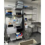 2 various multi shelf Wire Racks and Contents, including plastic trays, first aid kits, etc (
