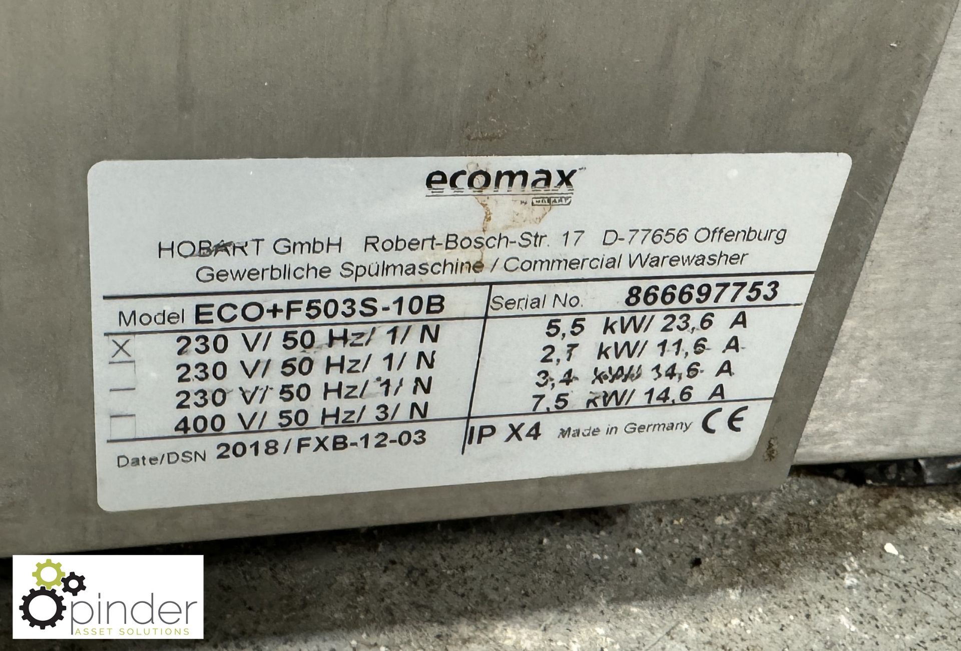 Hobart Eco Max Plus stainless steel under counter single tray Dishwasher, 240volts (location in - Image 3 of 4