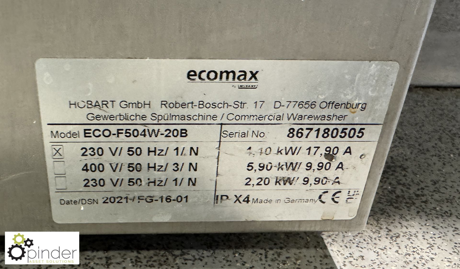 Hobart Eco Max F504W-20B stainless steel under counter single tray Dishwasher, 240volts (location in - Image 4 of 5