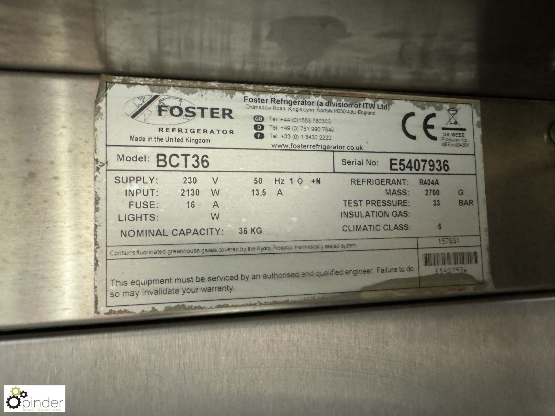 Foster BCT36 mobile stainless steel Blast Chiller, 240volts, 700mm x 800mm x 1870mm (location in - Bild 4 aus 6