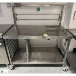 Stainless steel mobile Servery Counter, 1200mm x 650mm x 900mm, with tray storage, shelf over (