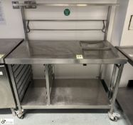 Stainless steel mobile Servery Counter, 1200mm x 650mm x 900mm, with tray storage, shelf over (