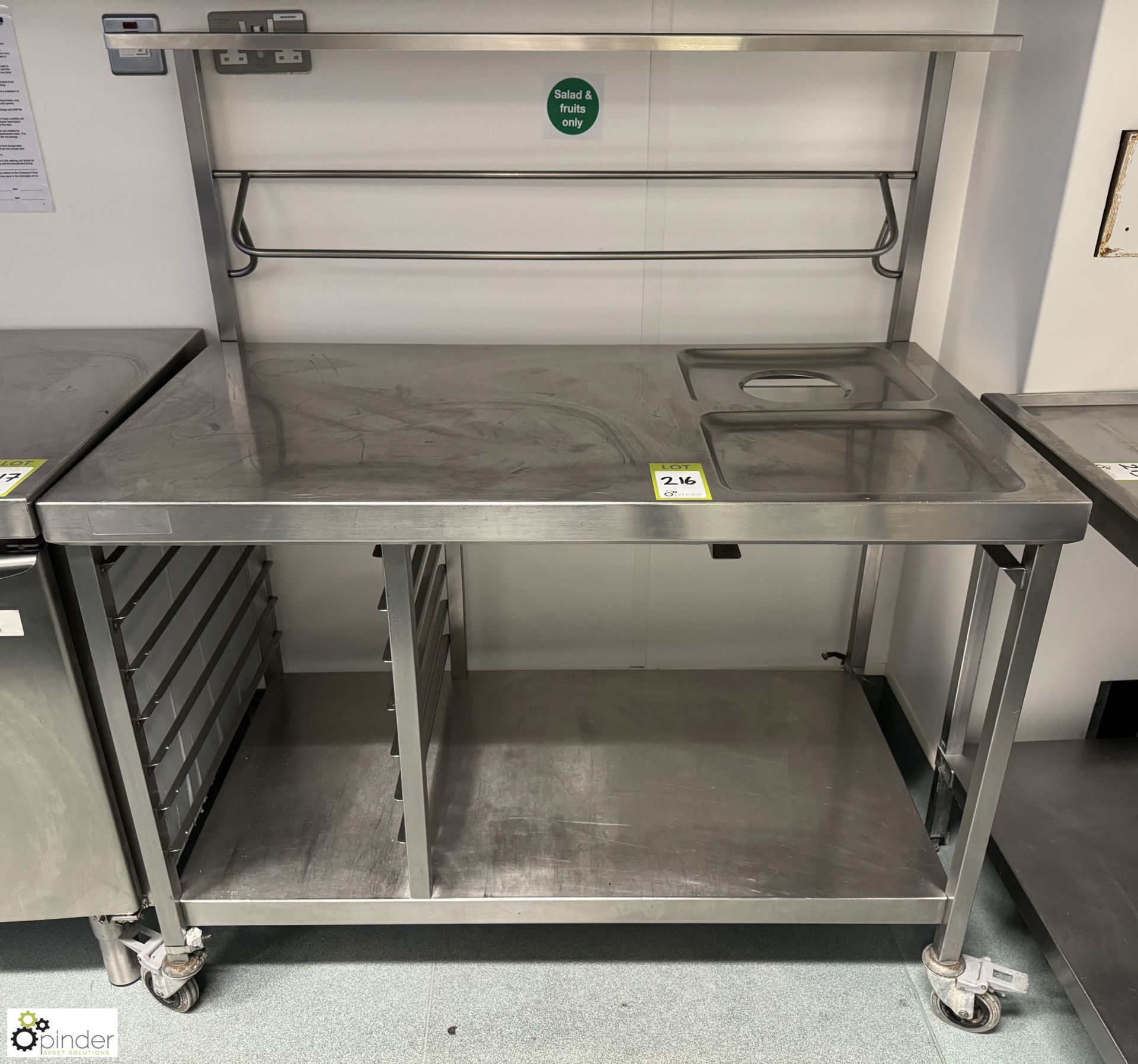 Stainless steel mobile Servery Counter, 1200mm x 650mm x 900mm, with tray storage, shelf over (