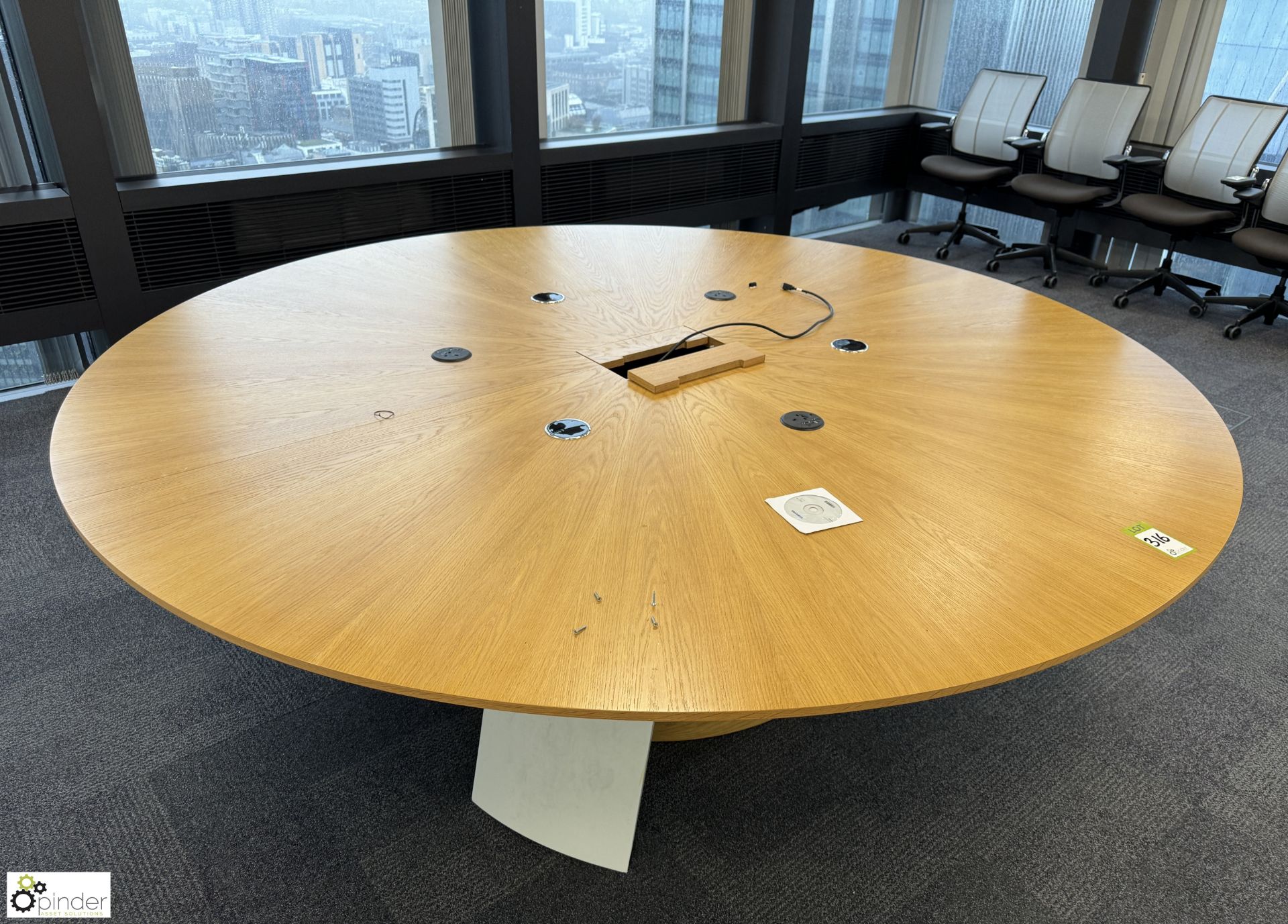 Light oak veneered circular Meeting Table, with cable management and centre base (location in - Image 2 of 6