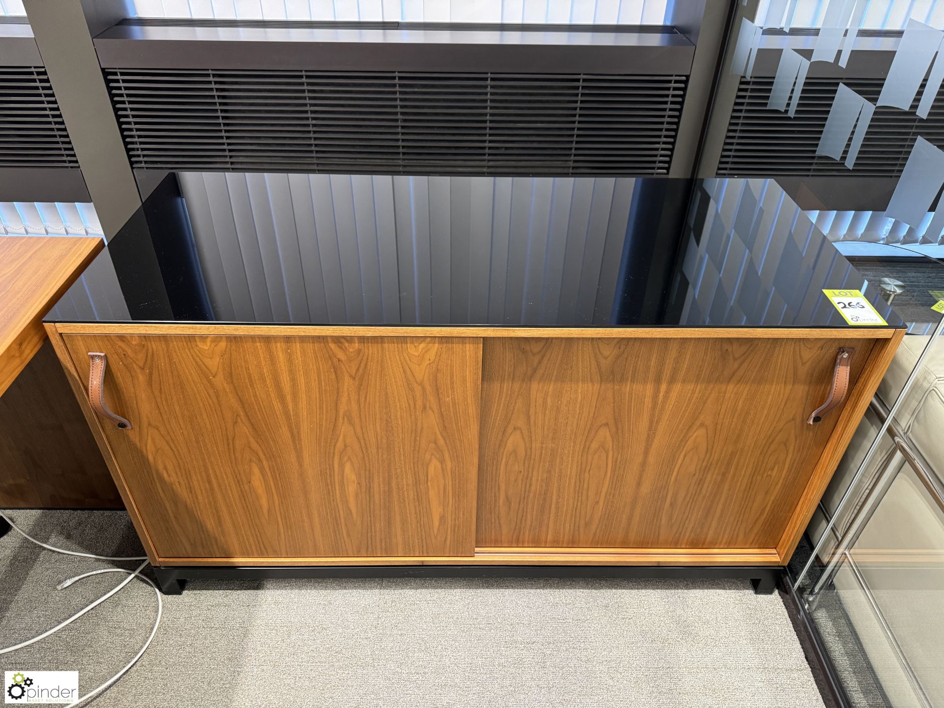Cherry veneer double door Cabinet, 1400mm x 600mm x 750mm, with black glass top (location in - Image 2 of 4