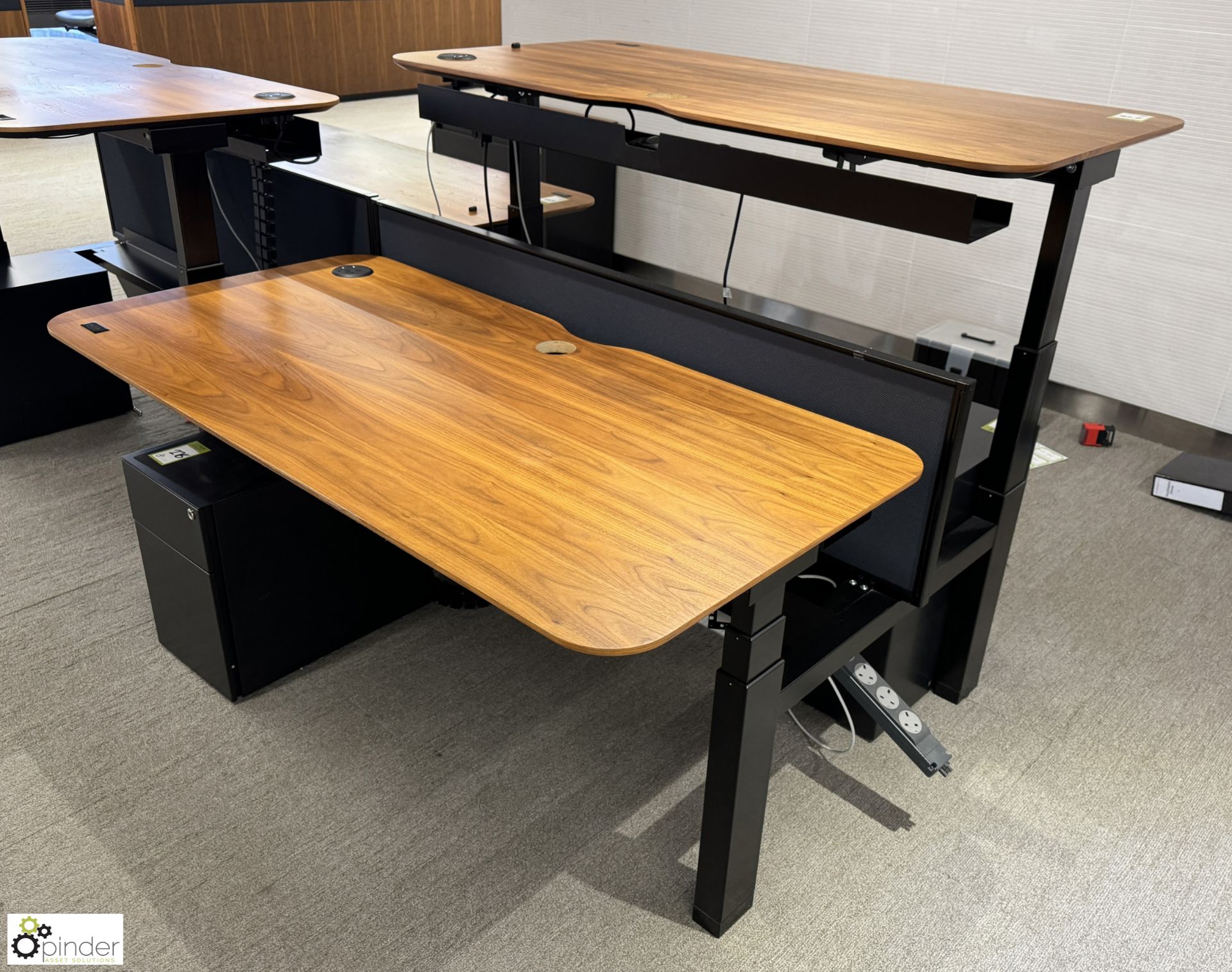 OMT back to back powered rise and fall Desks, 1600mm x 800mm per desk leaf, cherry veneer, with