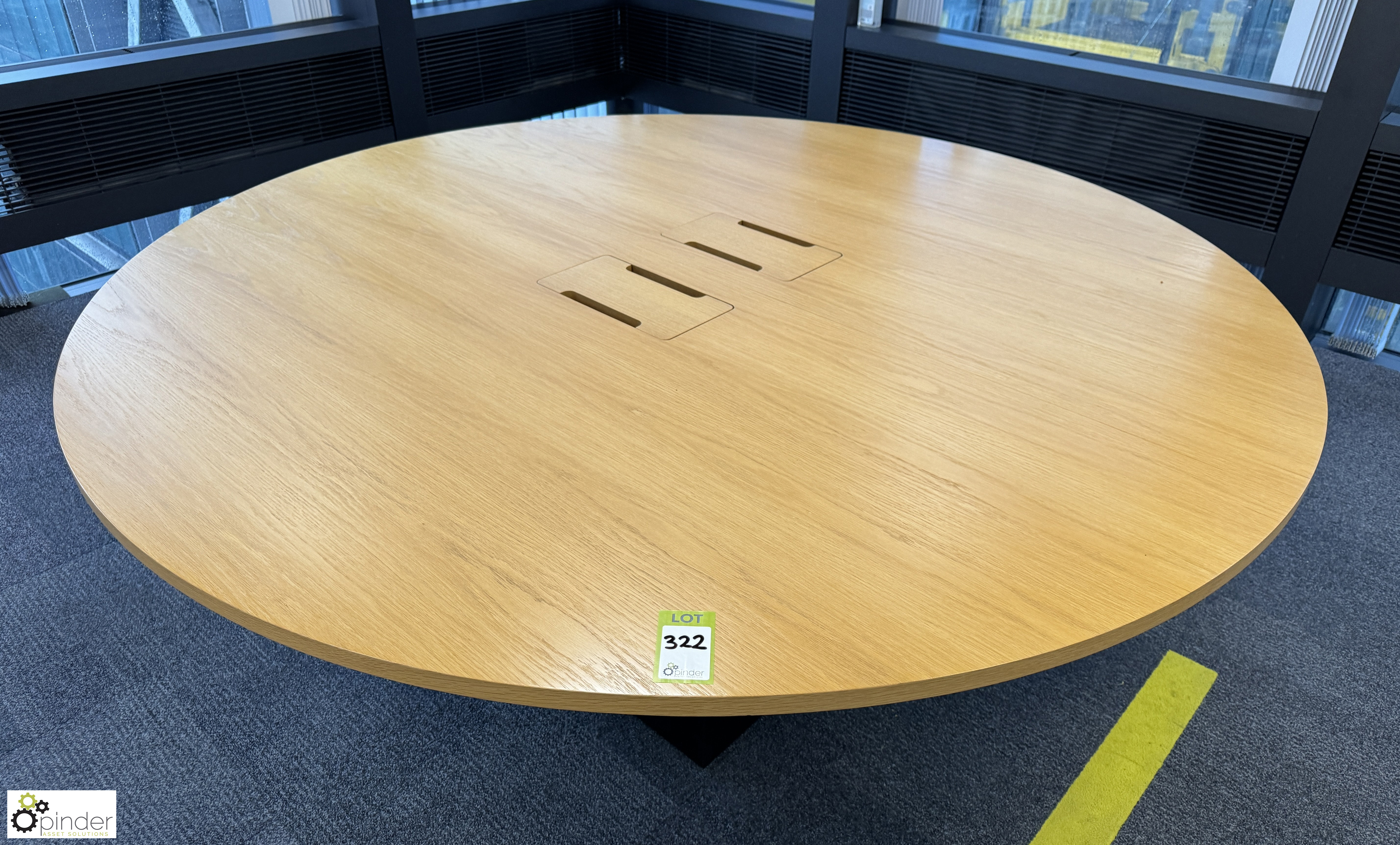 Light oak veneer circular Meeting Table, 2200mm x 750mm, with cable management and base (location in - Image 2 of 7