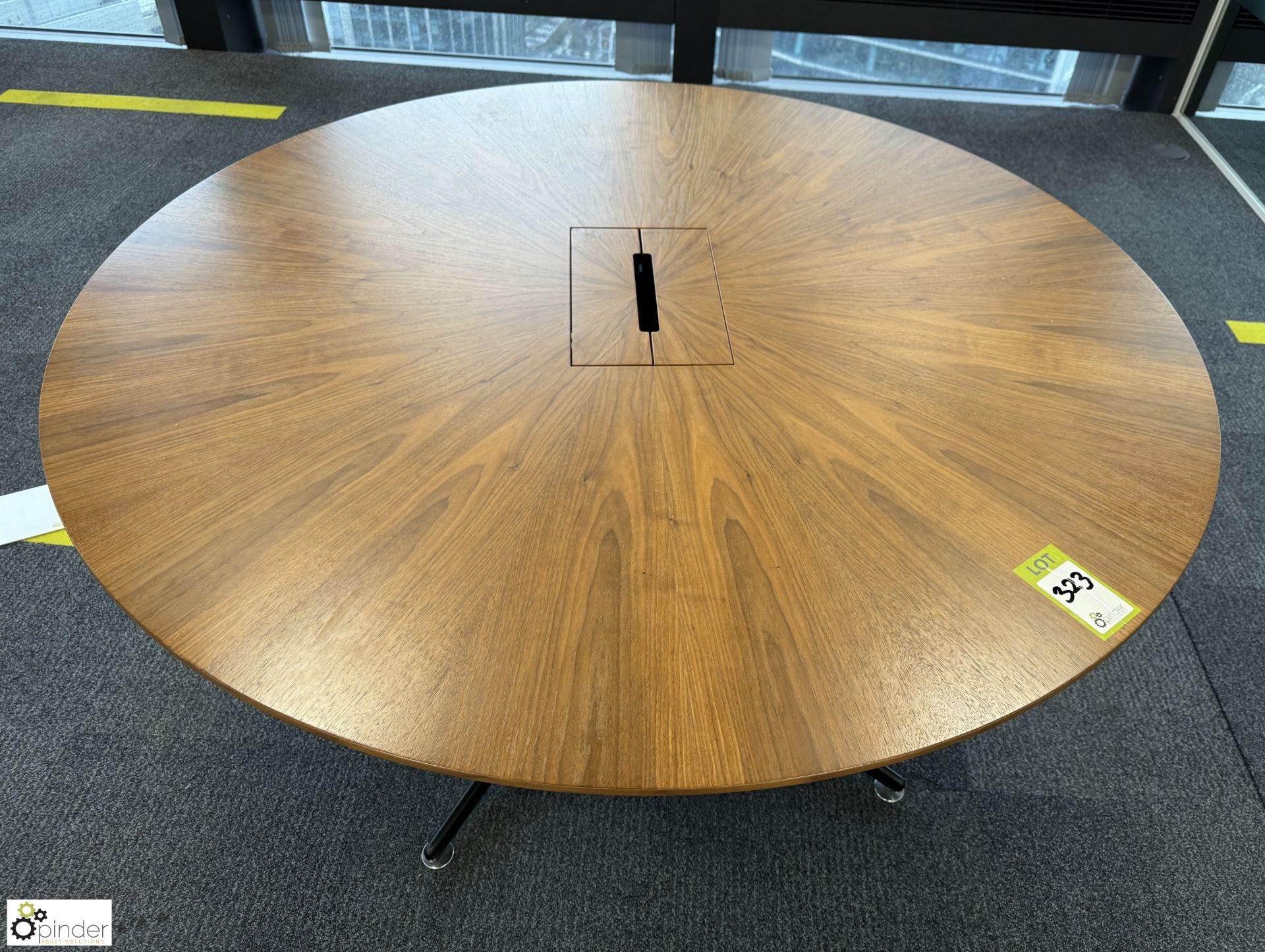 Dark oak veneer circular Meeting Table, 1500mm x 750mm, with cable management and base (location - Image 2 of 6