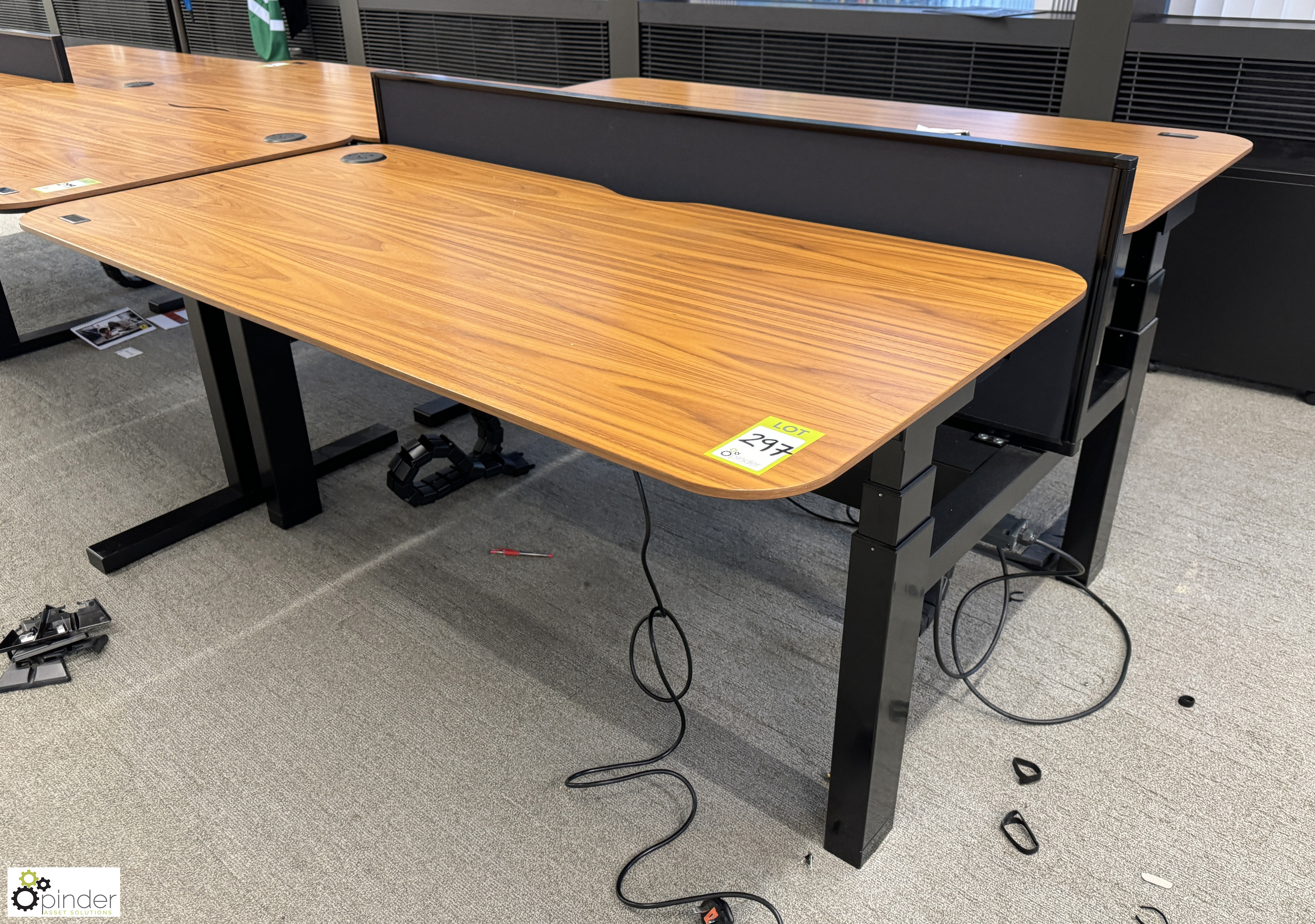 OMT back to back powered rise and fall Desks, 1600mm x 800mm per desk leaf, cherry veneer, with