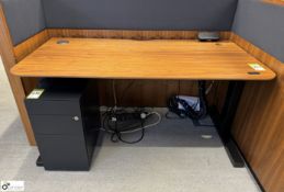 OMT powered rise and fall Desk, with cherry veneer top, 1555mm x 775mm with steel 3-drawer pedestal,