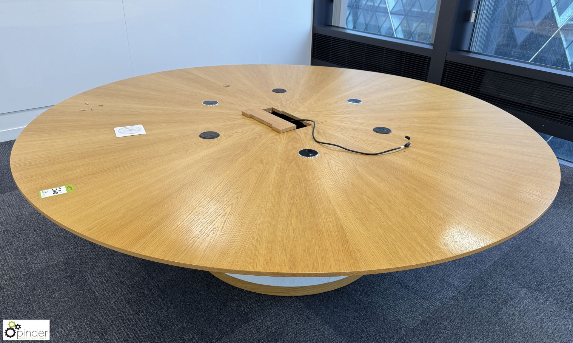 Light oak veneered circular Meeting Table, with cable management and centre base (location in - Image 3 of 6