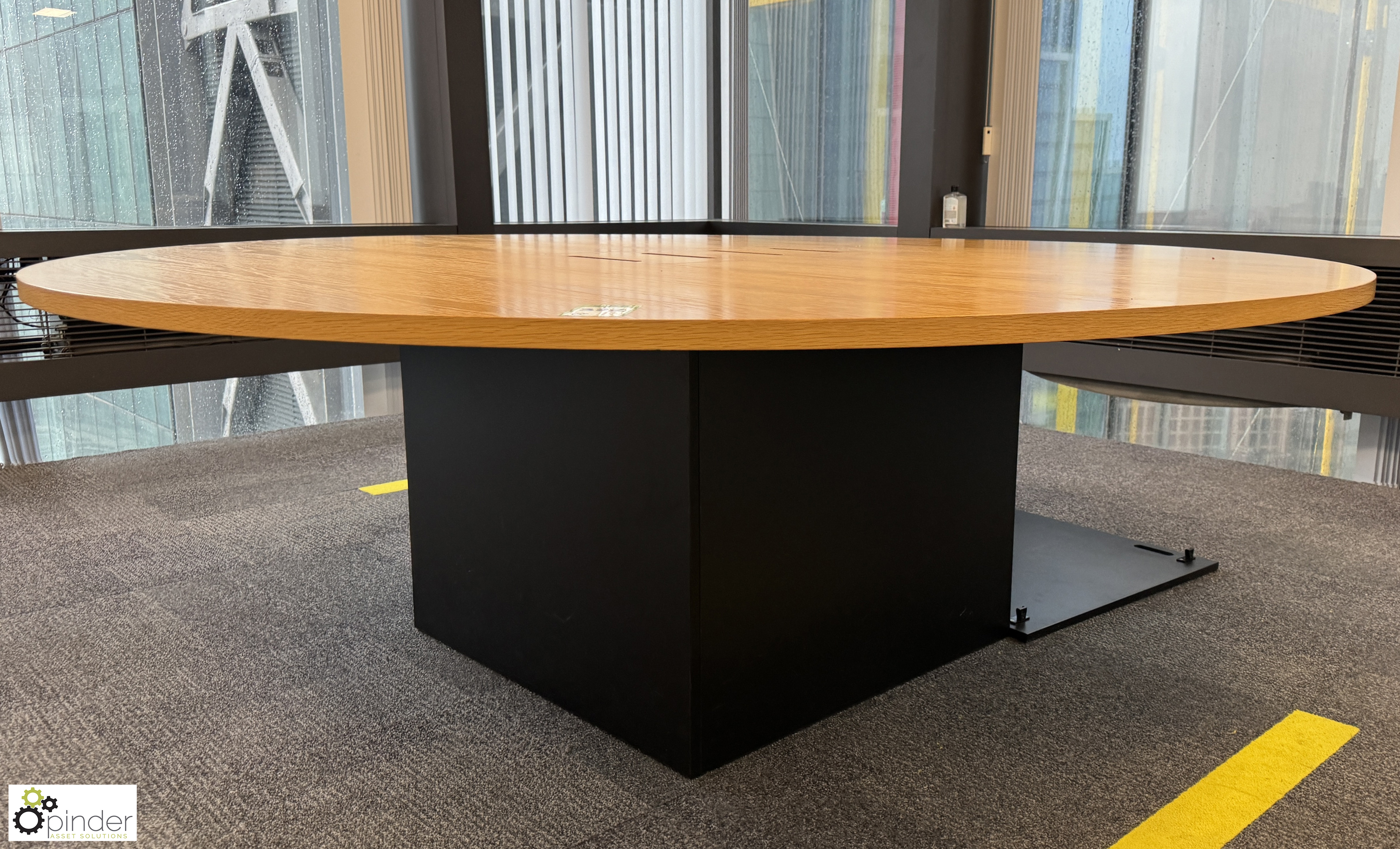 Light oak veneer circular Meeting Table, 2200mm x 750mm, with cable management and base (location in - Image 3 of 7