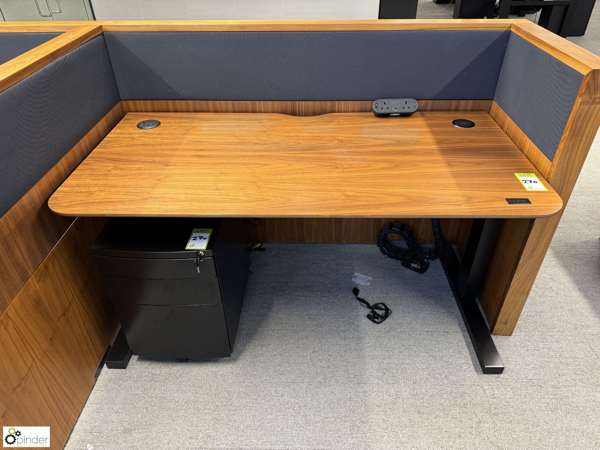 OMT powered rise and fall Desk, with cherry veneer top, 1555mm x 775mm with steel 3-drawer pedestal, - Image 2 of 6