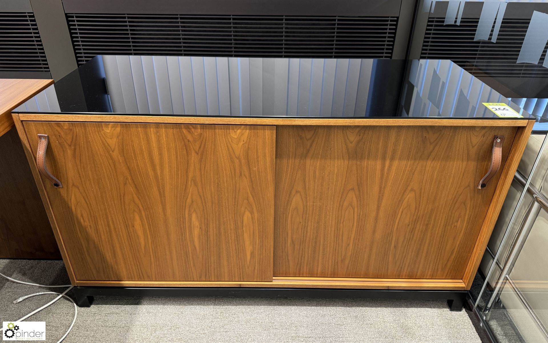 Cherry veneer double door Cabinet, 1400mm x 600mm x 750mm, with black glass top (location in