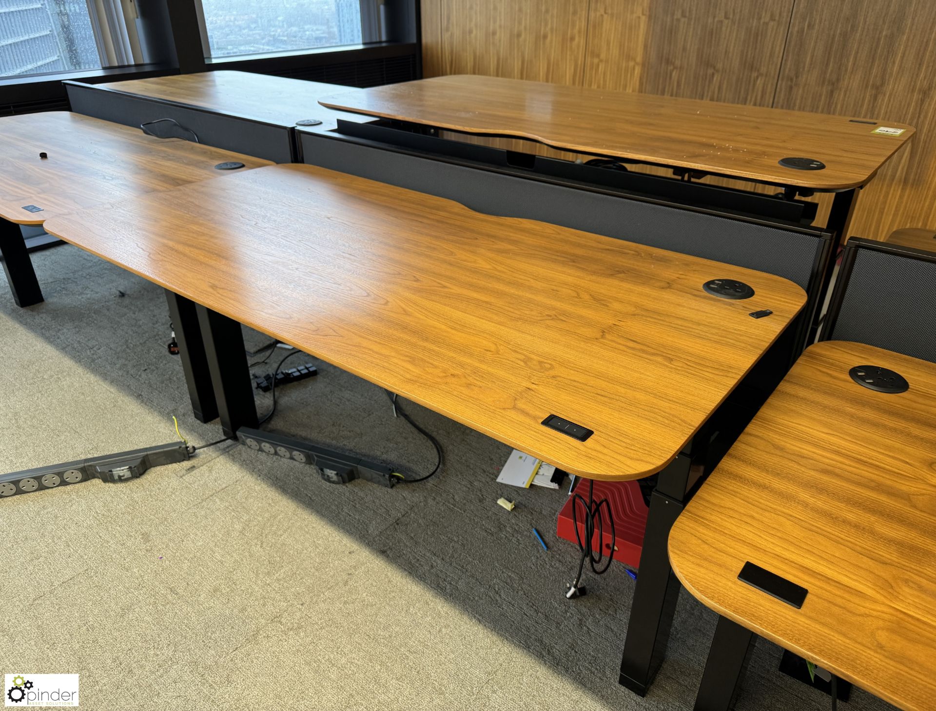 OMT back to back powered rise and fall Desks, 1600mm x 800mm per desk leaf, cherry veneer,with