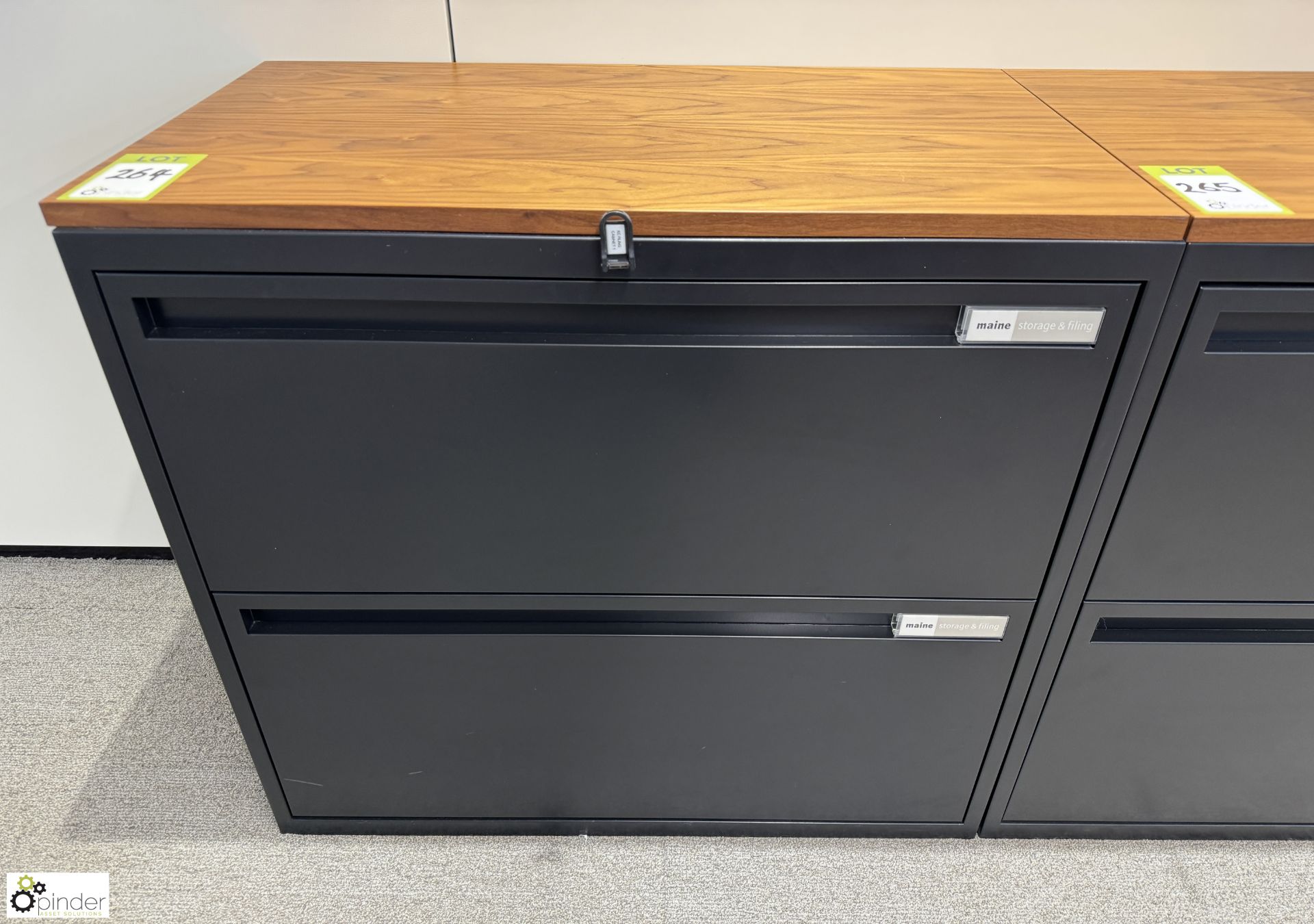 Maine steel 2-door lateral Filing Cabinet, 800mm x 450mm x 730mm, with cherry veneer top (location