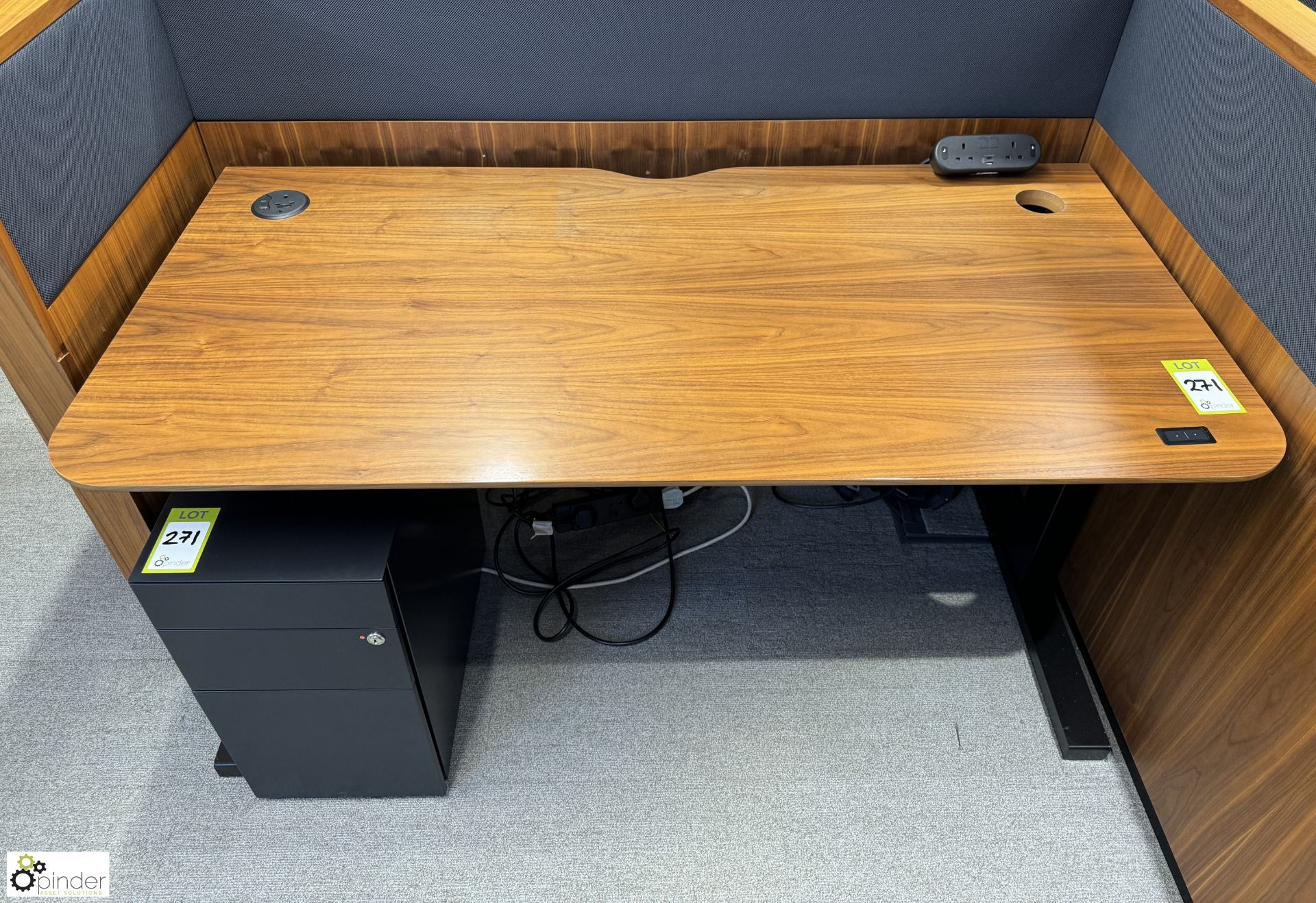 OMT powered rise and fall Desk, with cherry veneer top, 1555mm x 775mm with steel 3-drawer pedestal, - Image 2 of 6