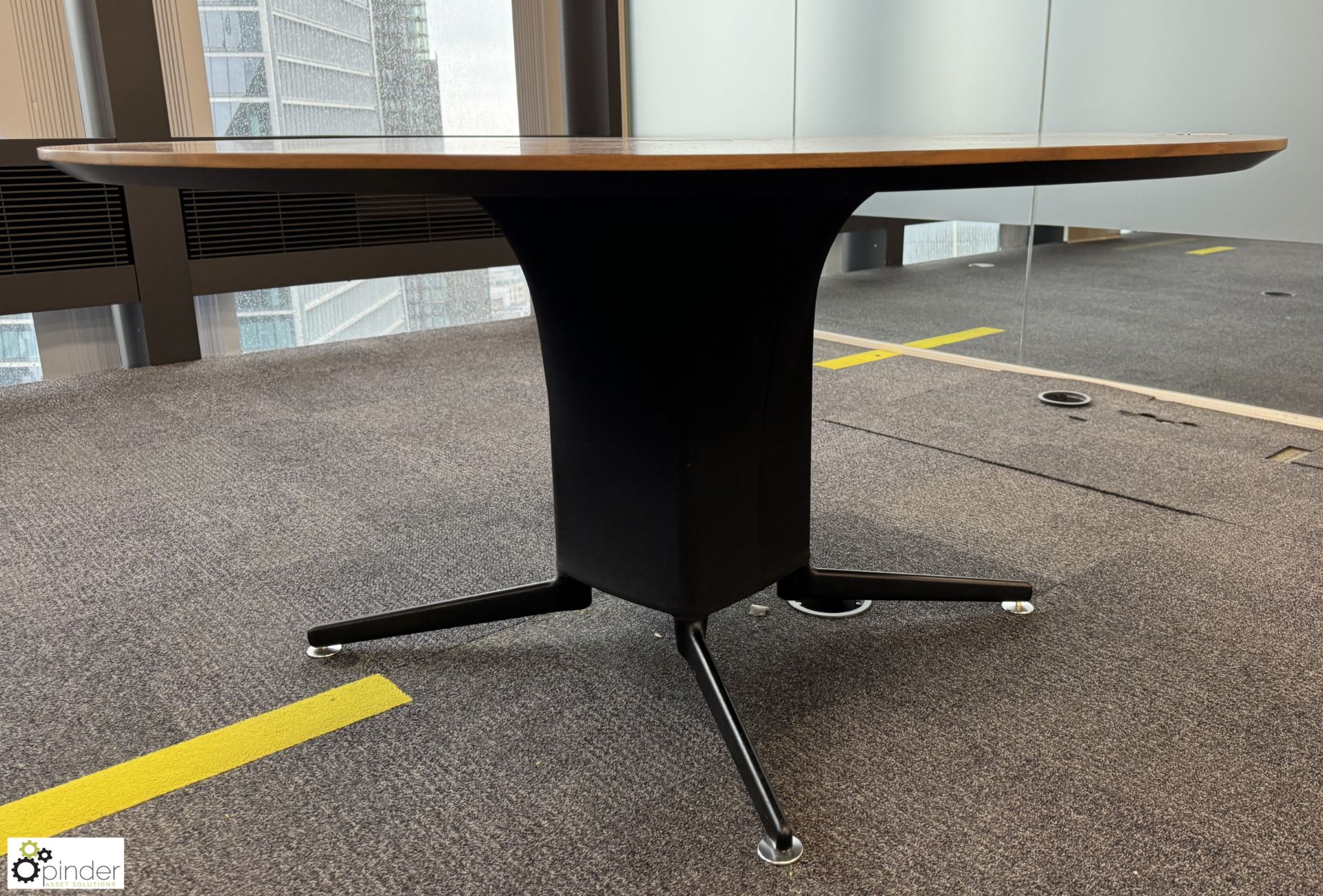 Dark oak veneer circular Meeting Table, 1500mm x 750mm, with cable management and base (location - Image 3 of 6