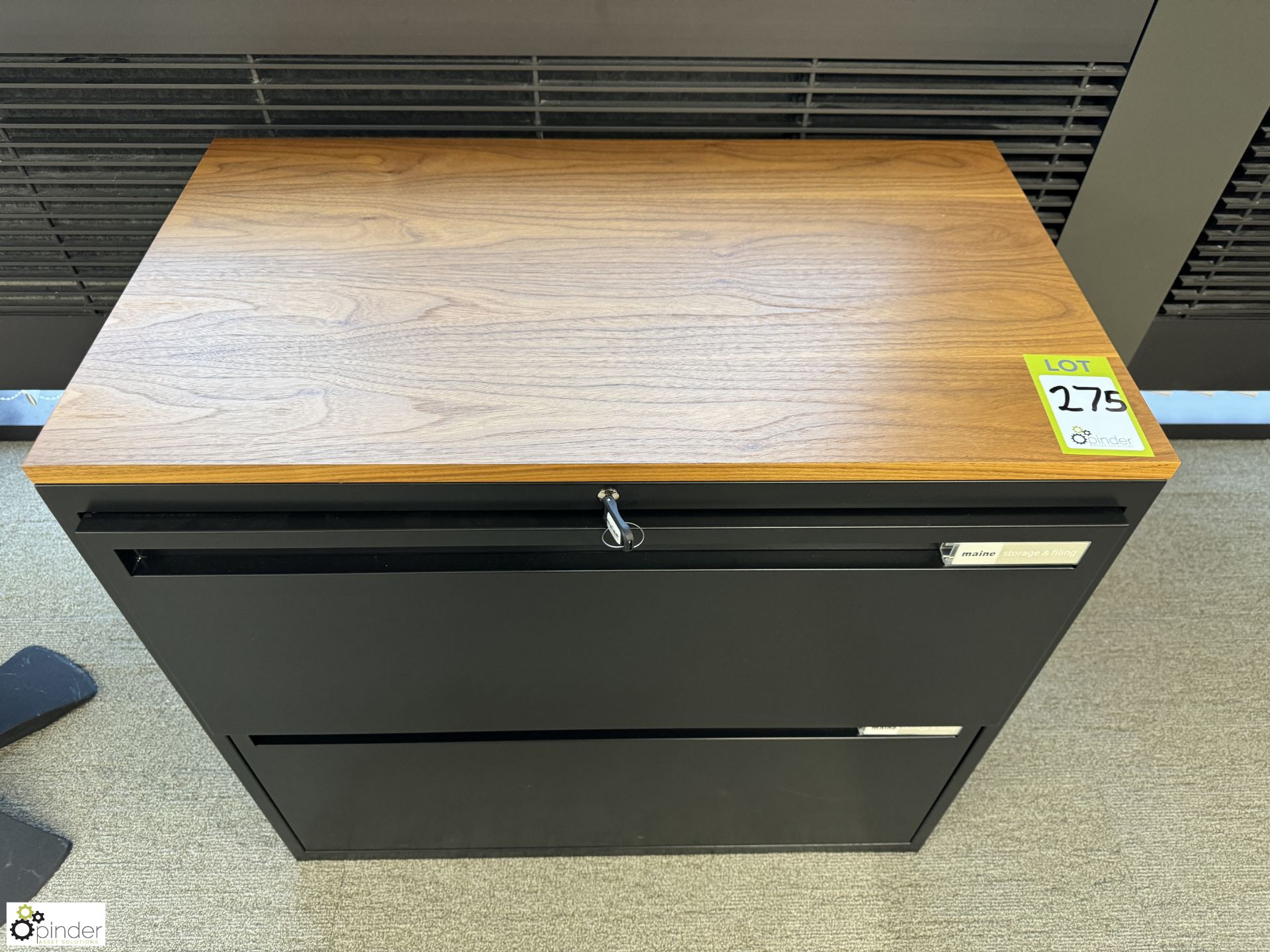 Maine steel 2-door lateral Filing Cabinet, 800mm x 450mm x 730mm, with oak top (location in building - Image 2 of 4