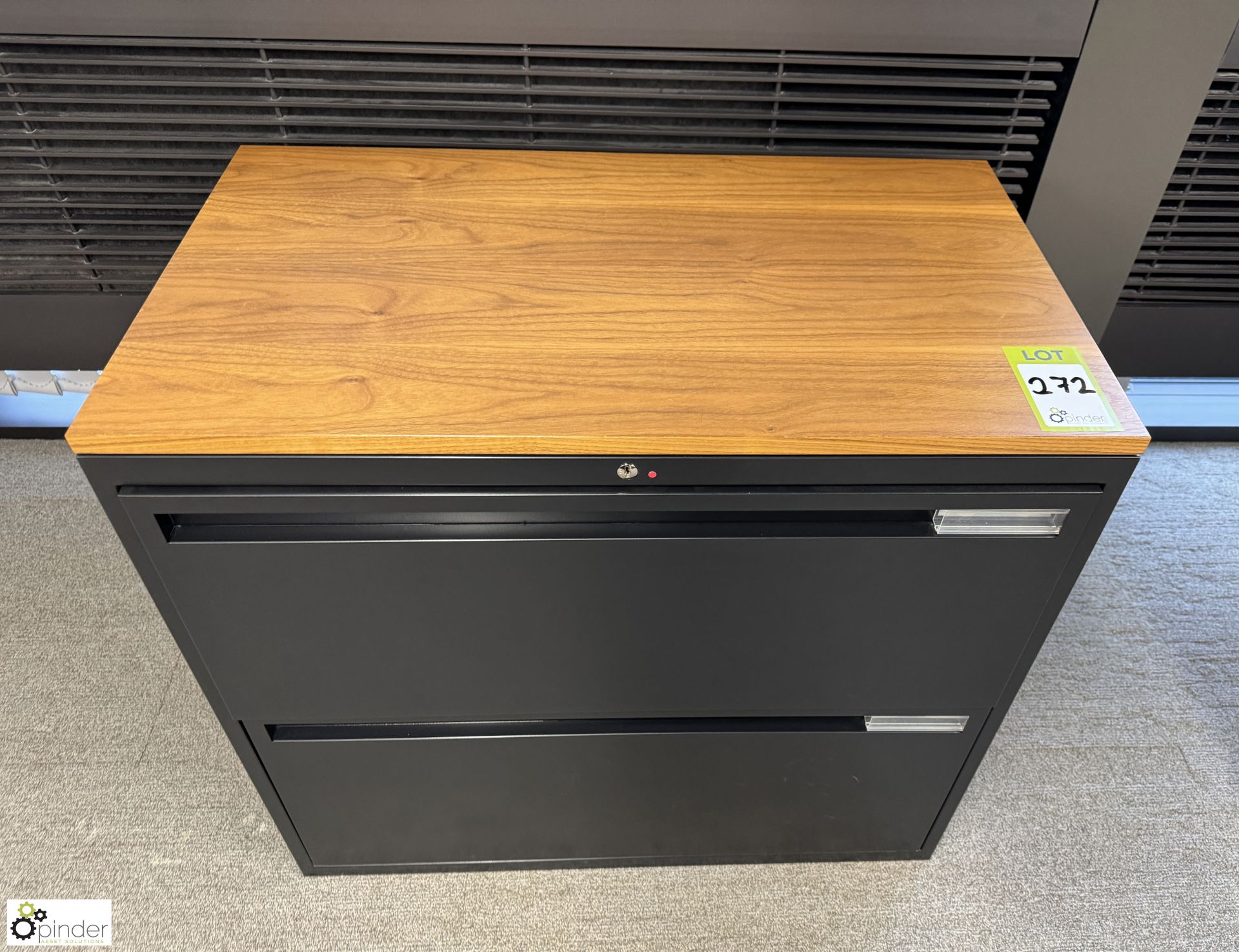 Maine steel 2-door lateral Filing Cabinet, 800mm x 450mm x 730mm, with cherry veneer top (location - Image 2 of 4