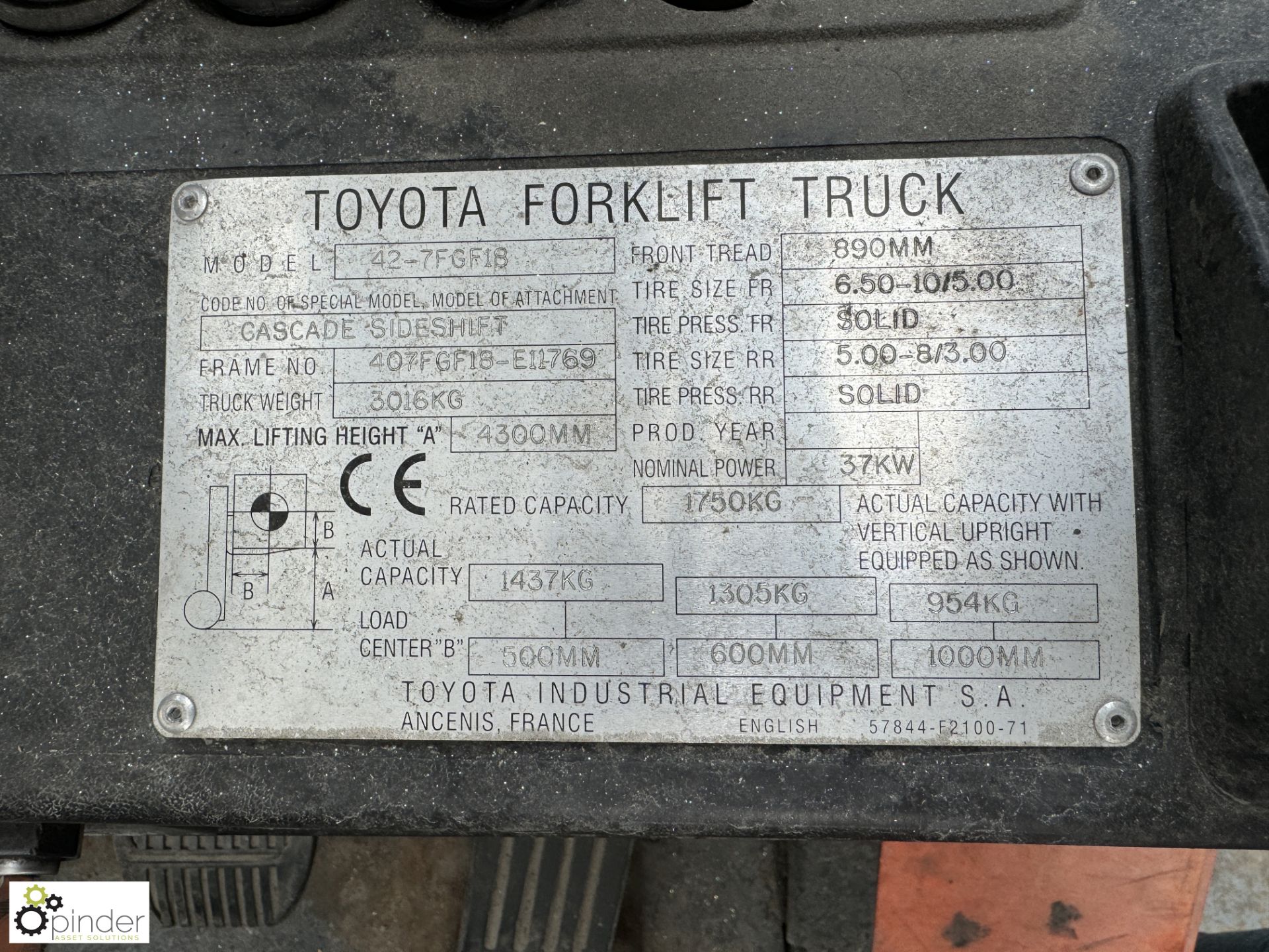 Toyota 42-7FG18 LPG Forklift Truck, 1750kg capacity, 8661hours, triplex mast, lift height 4300mm, - Image 12 of 13