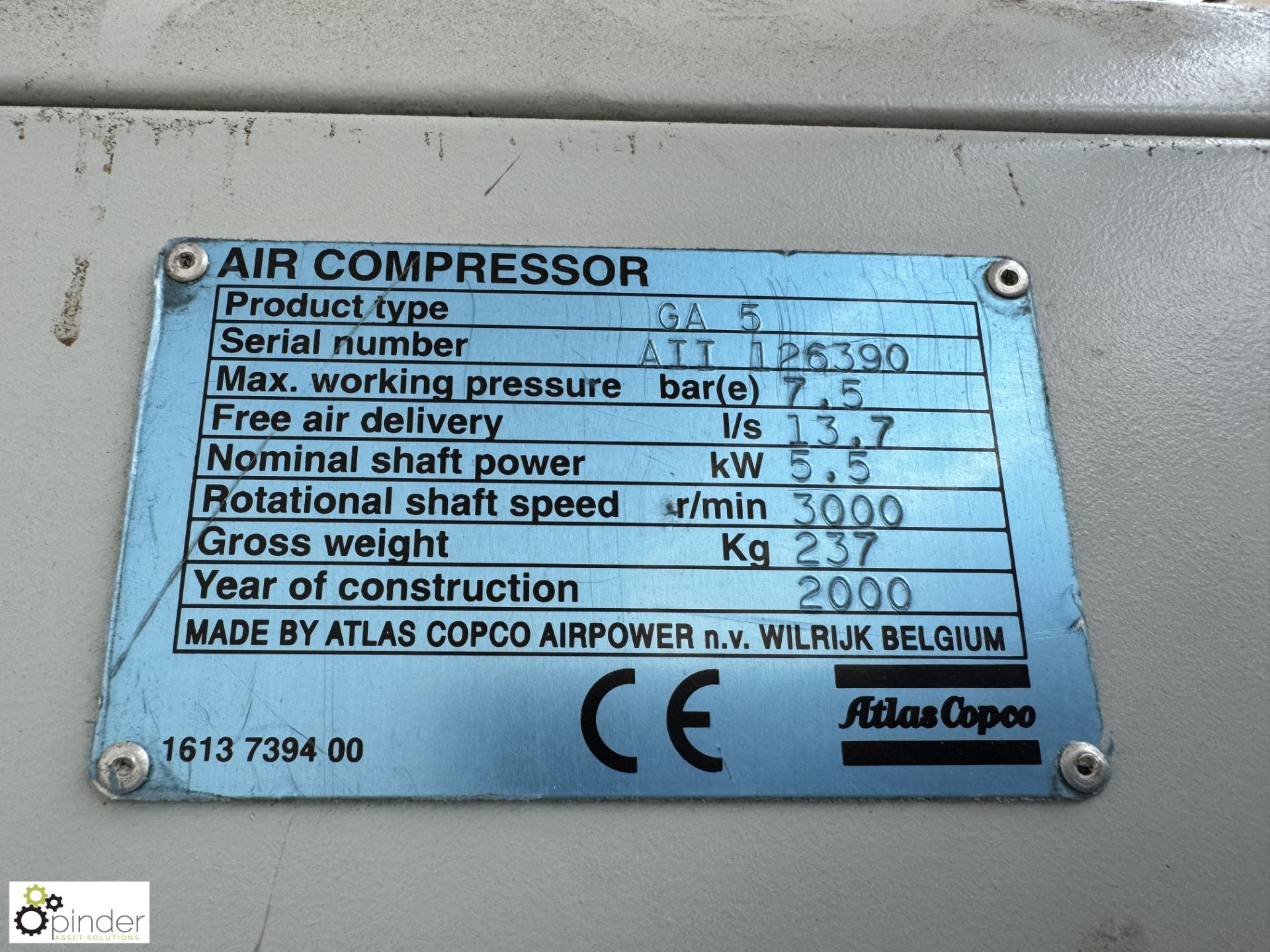 Atlas Copco GA5 receiver mounted Compressor, 53052hours, 7.5bar, 415volts, year 2000 - Image 6 of 7