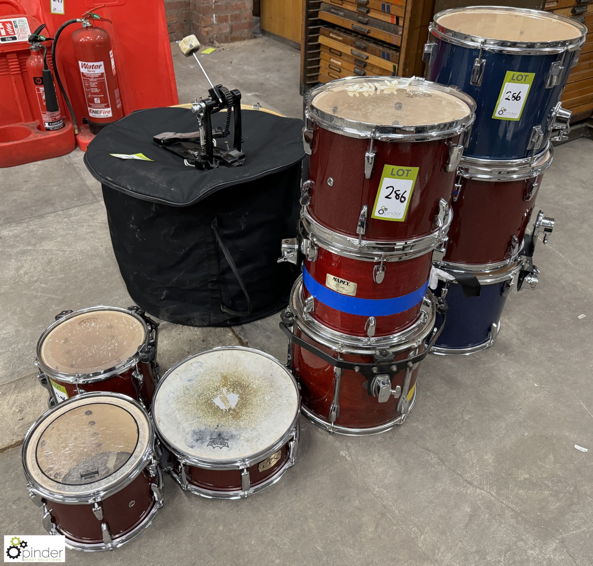 Quantity various Drums including Pearl bass drum, snares, side drums, toms, bass kicker and quantity
