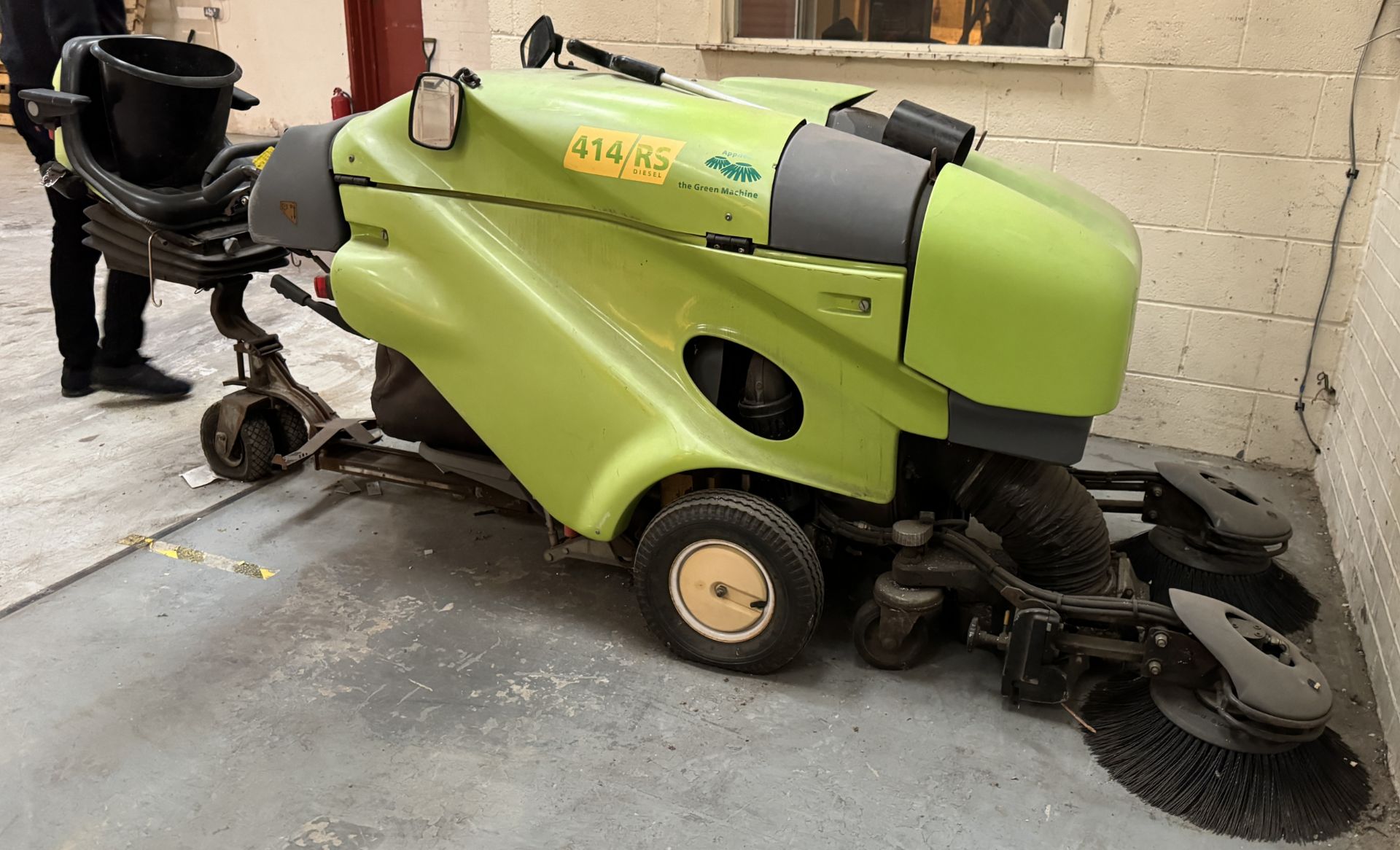 Green Machine 414 RS diesel Ride on power air Sweeper, 153hours (please note this lot is located