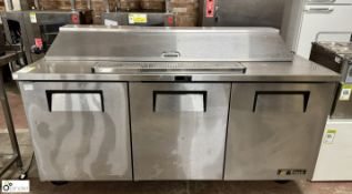 True TSSU-72-18 stainless steel mobile 3-door Chilled Prep Table, 1840mm x 770mm x 1100mm max,
