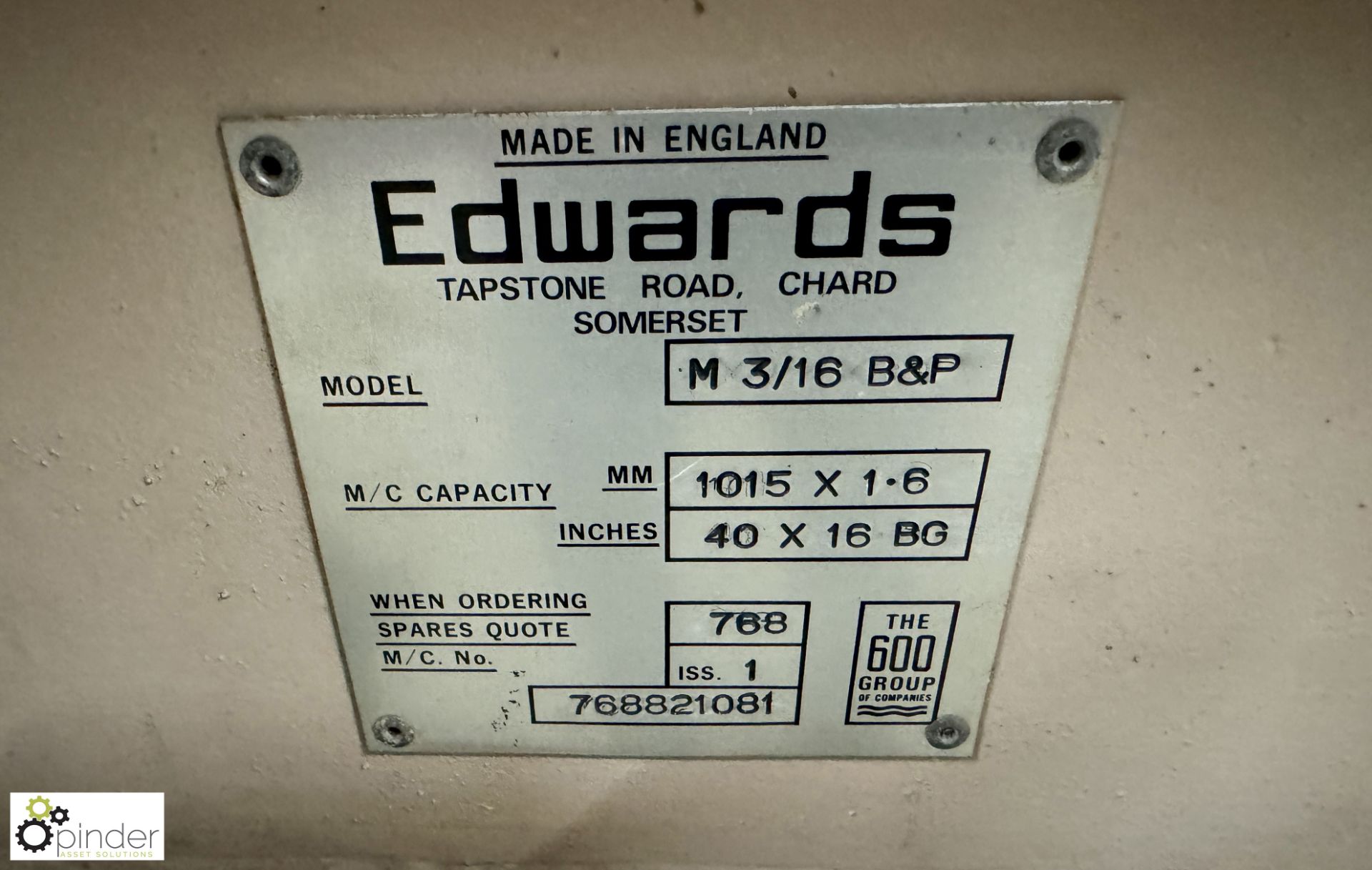 Edwards M3/16 B+P Box and Pan Folder, 1015mm x 1.6mm - Image 6 of 7