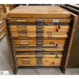 Large quantity Typesetting to and including antique oak multi drawer Typeset Cabinet