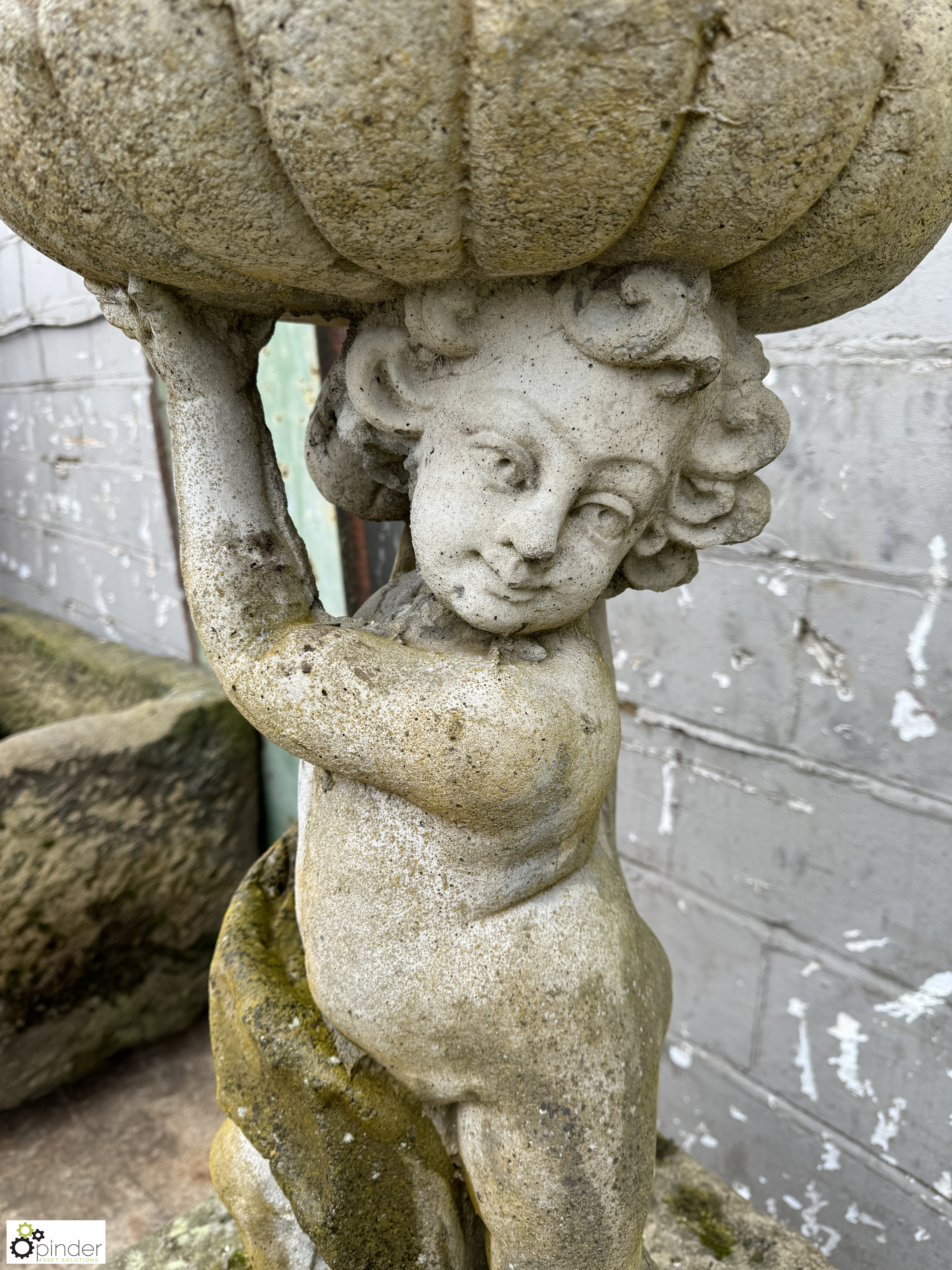 Reconstituted stone Birdbath, with cherub holding birdbath, 900mm high - Image 5 of 8